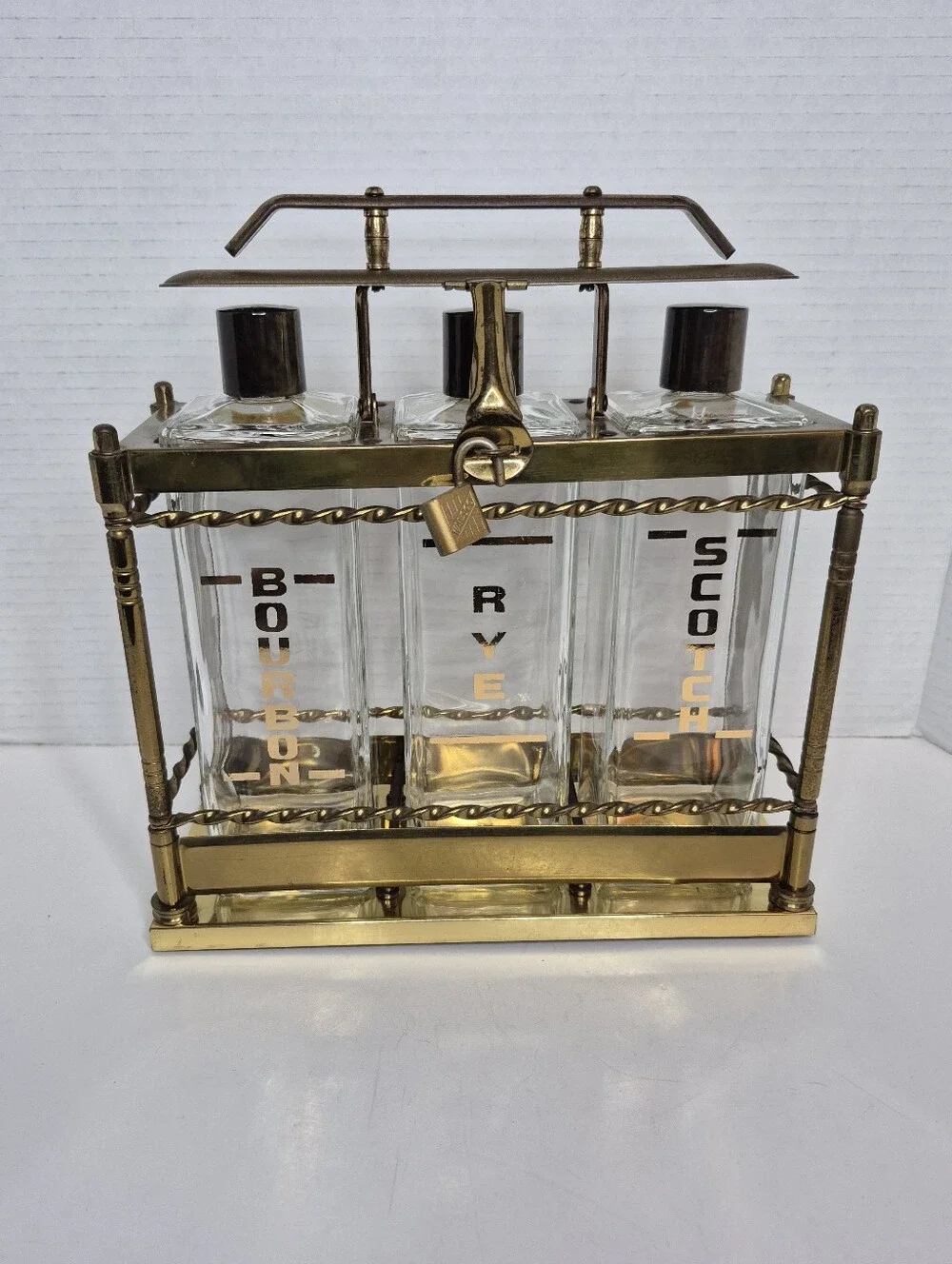 Vintage Tantalus Decanter Set Mid Century Modern Bar Caddy Liquor Glass Bottles